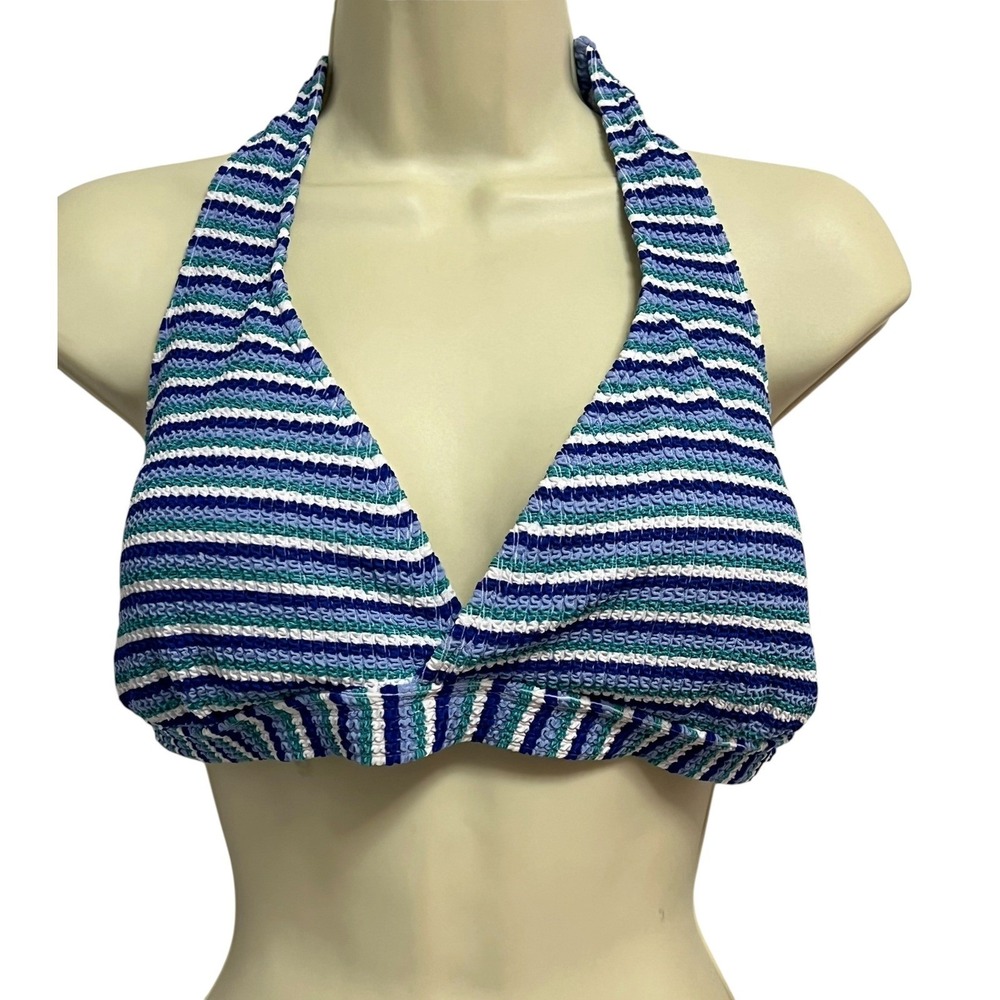 Lands' End Bikini Top Womens XL Blue White‎ Green Striped Textured Halter Twist